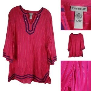 Catherines Tunic Top Womens Plus 2X Pink Stripe Cotton Boho Longline Shirt